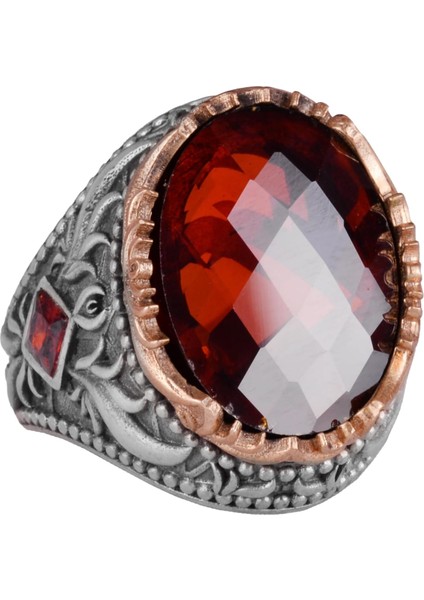 Yapay Taş Yüzük - El Yapımı Erkek Yüzüğü - Zarif 925 Ayar Gümüş Erkek Takısı (Yapay Garnet)