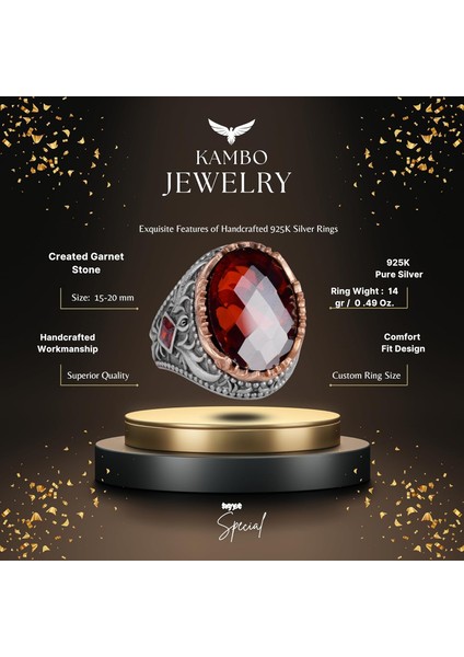 Yapay Taş Yüzük - El Yapımı Erkek Yüzüğü - Zarif 925 Ayar Gümüş Erkek Takısı (Yapay Garnet) fiyatları