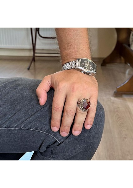 Yapay Taş Yüzük - El Yapımı Erkek Yüzüğü - Zarif 925 Ayar Gümüş Erkek Takısı (Yapay Garnet) modelleri