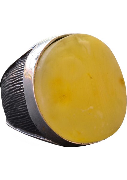 Doğal Bal Kehribar Büyük Yuvarlak Taş Yüzük, 925 Ayar Gümüş Erkek Yüzüğü