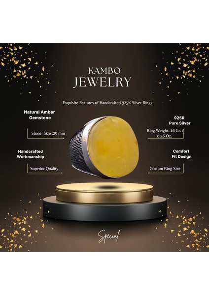 Doğal Bal Kehribar Büyük Yuvarlak Taş Yüzük, 925 Ayar Gümüş Erkek Yüzüğü fiyatları