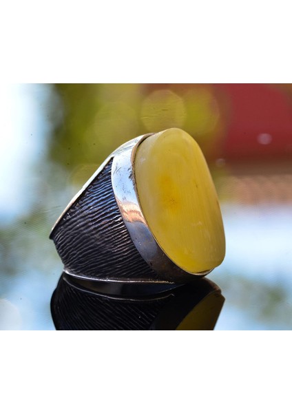 Doğal Bal Kehribar Büyük Yuvarlak Taş Yüzük, 925 Ayar Gümüş Erkek Yüzüğü fırsatları