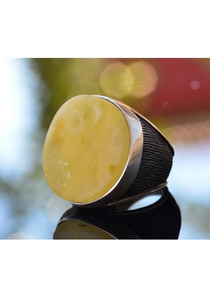 Doğal Bal Kehribar Büyük Yuvarlak Taş Yüzük, 925 Ayar Gümüş Erkek Yüzüğü indirimleri