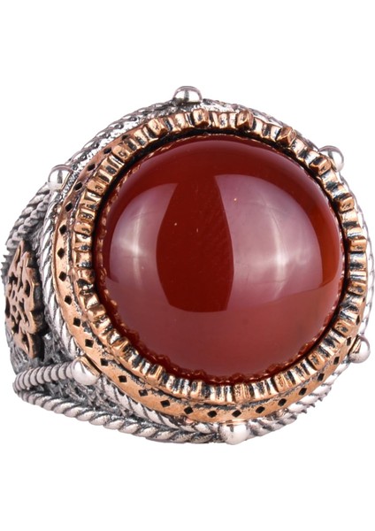 Doğal Taş El Yapımı Yüzük - 925 Ayar Gümüş Yüzük (Kırmızı Akik)