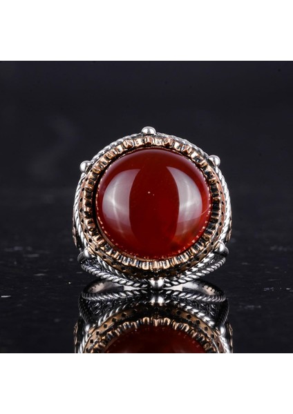 Doğal Taş El Yapımı Yüzük - 925 Ayar Gümüş Yüzük (Kırmızı Akik) fırsatları