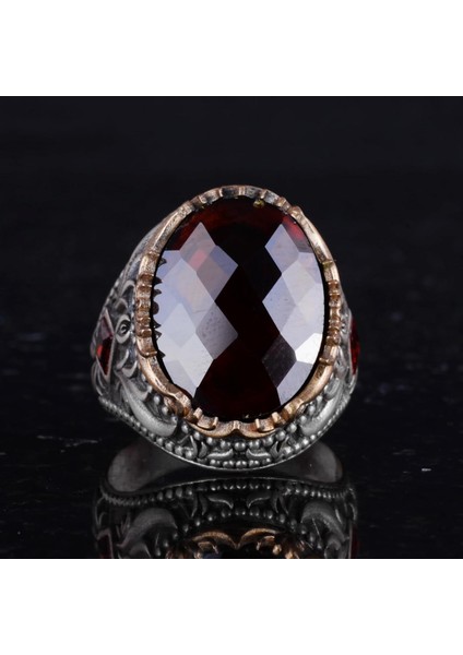 Yapay Taş Yüzük - El Yapımı Erkek Yüzüğü - Zarif 925 Ayar Gümüş Erkek Takısı (Yapay Garnet) fırsatları