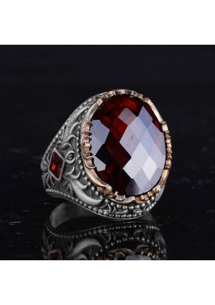 Yapay Taş Yüzük - El Yapımı Erkek Yüzüğü - Zarif 925 Ayar Gümüş Erkek Takısı (Yapay Garnet) indirimleri