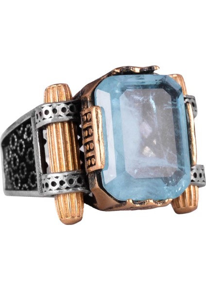 Açık Mavi Yapay Paraiba Taşı Yüzük - 925 Ayar Gümüş El Yapımı Yüzük - Erkek Takısı