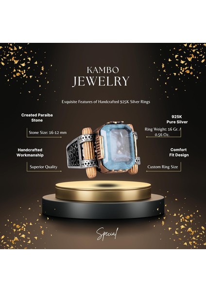 Açık Mavi Yapay Paraiba Taşı Yüzük - 925 Ayar Gümüş El Yapımı Yüzük - Erkek Takısı fiyatları