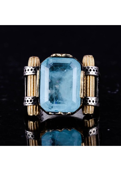 Açık Mavi Yapay Paraiba Taşı Yüzük - 925 Ayar Gümüş El Yapımı Yüzük - Erkek Takısı fırsatları