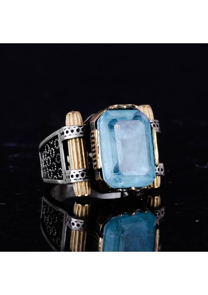 Açık Mavi Yapay Paraiba Taşı Yüzük - 925 Ayar Gümüş El Yapımı Yüzük - Erkek Takısı indirimleri