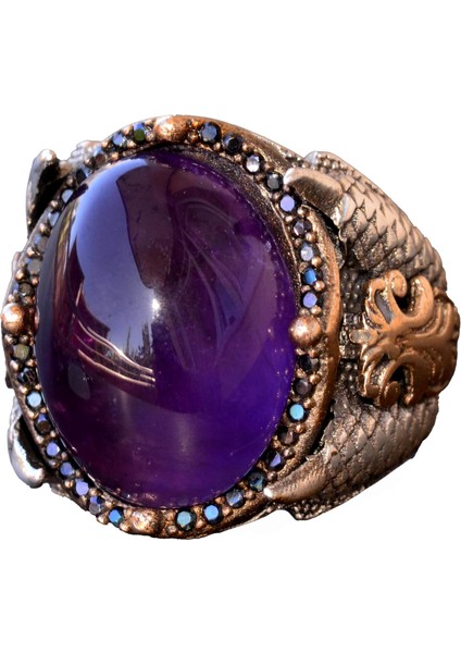 Doğal Ametist Taşlı Yüzük - Gümüş Erkek Kartal Pençesi Yüzüğü