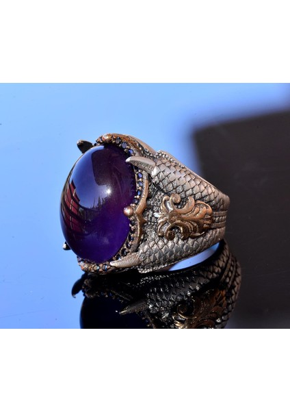 Doğal Ametist Taşlı Yüzük - Gümüş Erkek Kartal Pençesi Yüzüğü fırsatları