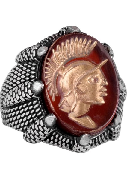 Doğal Akik Taşı Erkek Yüzük - Şaman Yüzüğü - 925 Ayar Gümüş Yüzük - Kızılderili Şefi Gümüş Yüzük