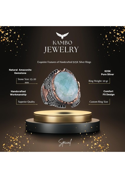 Doğal Taş Yüzük, 925 Ayar Gümüş Yüzük, Erkekler Için Yüzük (Amazonit) fiyatları