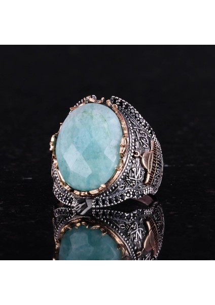 Doğal Taş Yüzük, 925 Ayar Gümüş Yüzük, Erkekler Için Yüzük (Amazonit) indirimleri