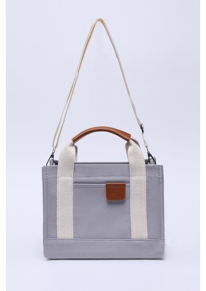 Gri SHK138 2 Bölmeli Kanvas Kumaş Ayarlanabilir Askılı Fermuarlı El, Kol ve Omuz Çantası U:17 G:24 E:10 cm
