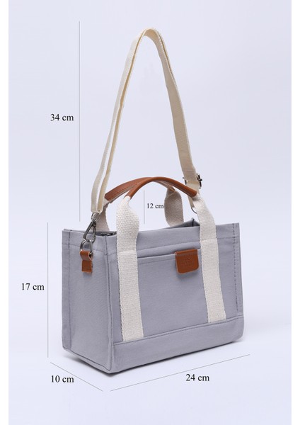 Gri SHK138 2 Bölmeli Kanvas Kumaş Ayarlanabilir Askılı Fermuarlı El, Kol ve Omuz Çantası U:17 G:24 E:10 cm