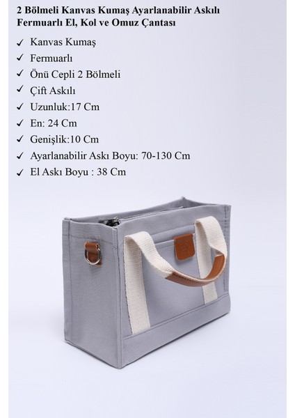 Gri SHK138 2 Bölmeli Kanvas Kumaş Ayarlanabilir Askılı Fermuarlı El, Kol ve Omuz Çantası U:17 G:24 E:10 cm