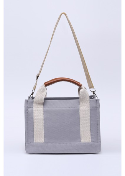 Gri SHK138 2 Bölmeli Kanvas Kumaş Ayarlanabilir Askılı Fermuarlı El, Kol ve Omuz Çantası U:17 G:24 E:10 cm