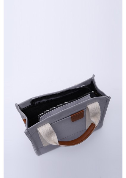 Gri SHK138 2 Bölmeli Kanvas Kumaş Ayarlanabilir Askılı Fermuarlı El, Kol ve Omuz Çantası U:17 G:24 E:10 cm