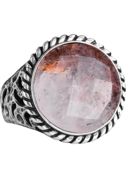 Doğal Taş Yüzük - 925 Ayar Katı Gümüş Erkek Yüzük ile Rutilatlı Kuvars