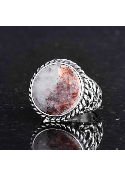 Doğal Taş Yüzük - 925 Ayar Katı Gümüş Erkek Yüzük ile Rutilatlı Kuvars fırsatları