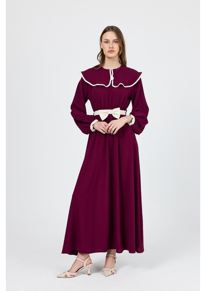 Bordo Biye Detaylı Bebe Yaka Elbise 4413A