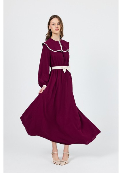 Bordo Biye Detaylı Bebe Yaka Elbise 4413A