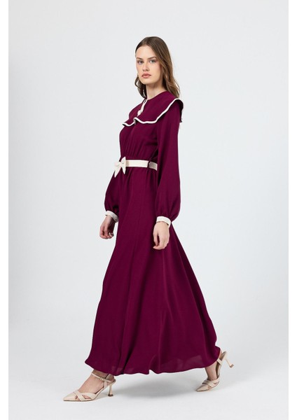 Bordo Biye Detaylı Bebe Yaka Elbise 4413A