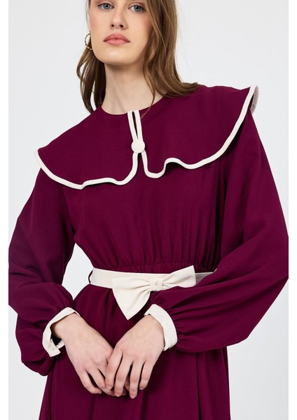Bordo Biye Detaylı Bebe Yaka Elbise 4413A