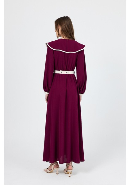 Bordo Biye Detaylı Bebe Yaka Elbise 4413A