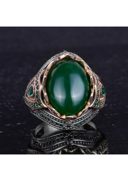 Doğal Taş El Yapımı Yüzük - 925 Ayar Gümüş Şık Yüzük (Jade) fırsatları