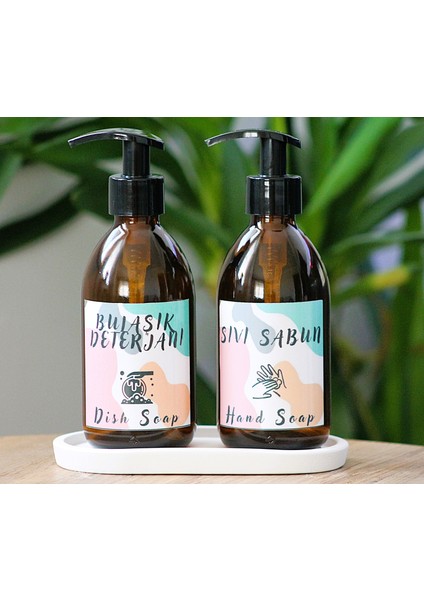 JUNİBELİW 3lü Set Amber Cam Şişe 2X250ML Bulaşık Deterjanlık Sıvı Sabunluk + Beyaz Altlık