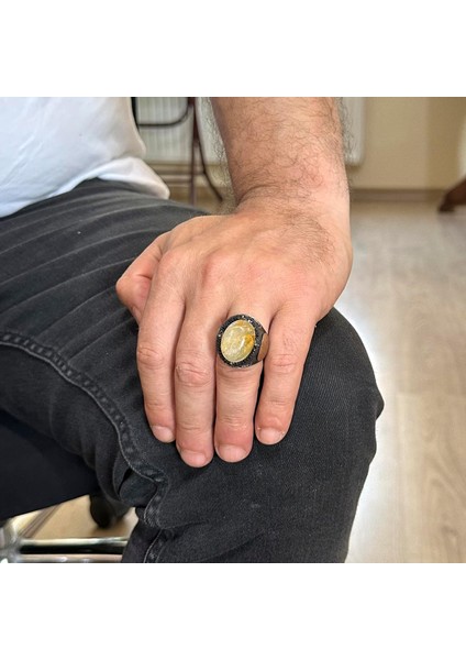 Davud Yıldızı Yüzüğü, Doğal Cabochon Altın Rutilli Kuvars Taş Yüzüğü - 925K Katı Gümüş Erkek Yüzüğü modelleri