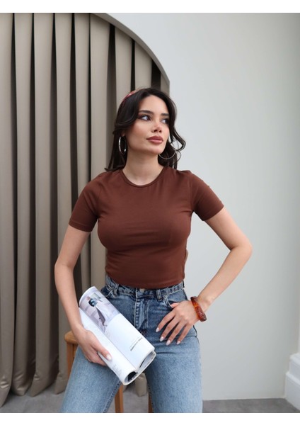 Kahve Streç Crop Tshirt