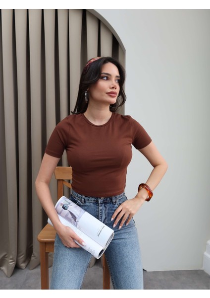 Kahve Streç Crop Tshirt fırsatları