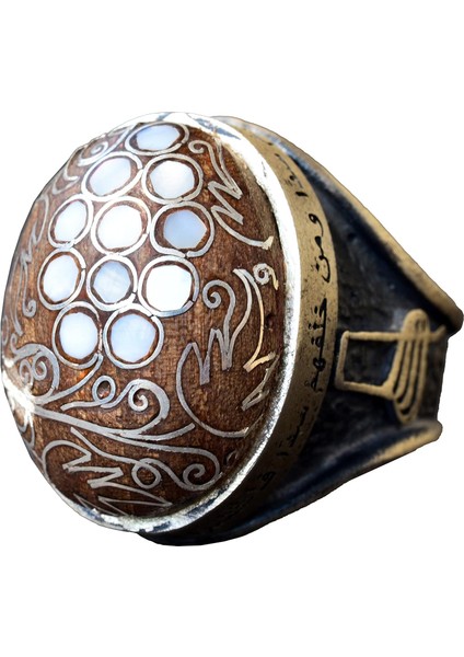 El Yapımı Ceviz Oymalı Gümüş Erkek Yüzük, Inci Oyması ve Süslemesi ile