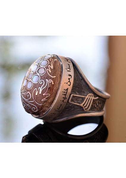 El Yapımı Ceviz Oymalı Gümüş Erkek Yüzük, Inci Oyması ve Süslemesi ile fırsatları