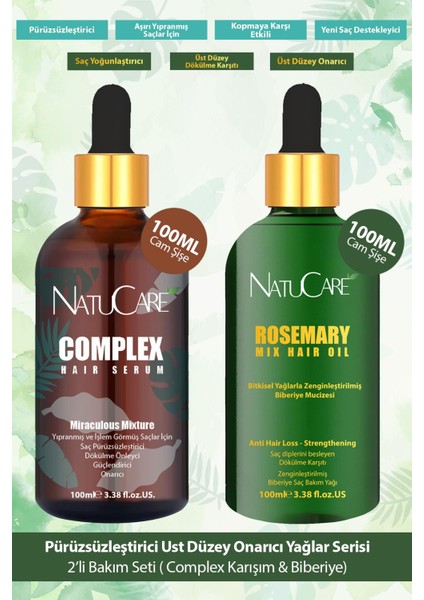 Natucare Saç Pürüzsüzleştirici Mucizevi Yağlar 2'li Saç Bakım Seti 100ML (Complex Karışım & Biberiye Yağı)