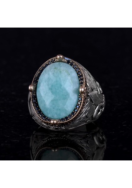925 Ayar Gümüş El Yapımı Erkek Yüzük - Çeşitli Doğal Taşlarla Mevcuttur (Amazonit) fırsatları