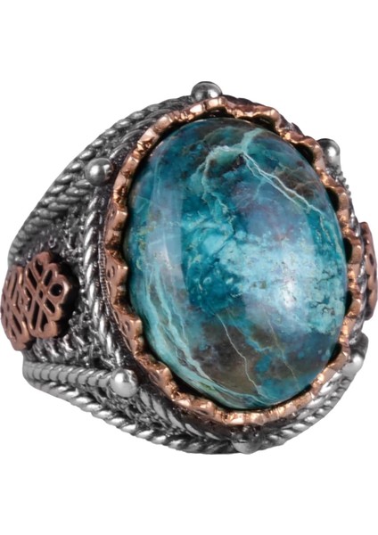 Doğal Krysokolla Taşı Yüzük, 925 Ayar Katı Sterlin Gümüş Erkek Yüzüğü