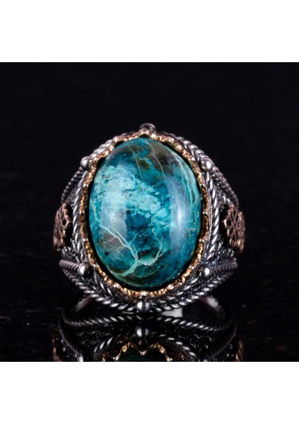 Doğal Krysokolla Taşı Yüzük, 925 Ayar Katı Sterlin Gümüş Erkek Yüzüğü fırsatları