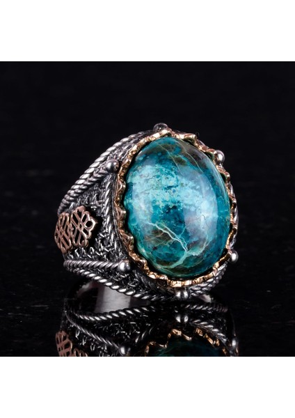 Doğal Krysokolla Taşı Yüzük, 925 Ayar Katı Sterlin Gümüş Erkek Yüzüğü indirimleri