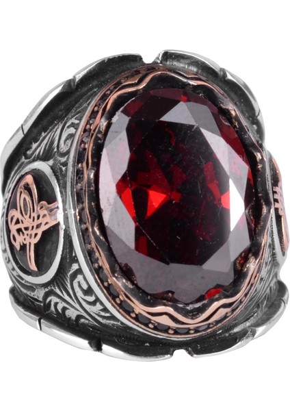 Osmanlı Tuğra Gümüş Yüzük, Oluşturulmuş Granat Taşlı Yüzük, 925 Ayar Gümüş Yüzük