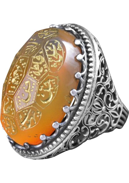 Doğal Akik, Şislami Şeriat Yazılı Yüzük - 925 Ayar Gümüş El Yapımı Erkek Büyük Y