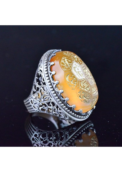 Doğal Akik, Şislami Şeriat Yazılı Yüzük - 925 Ayar Gümüş El Yapımı Erkek Büyük Y fırsatları