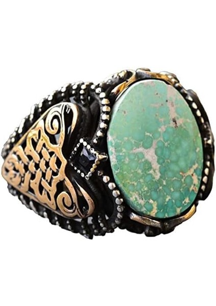 Erkek Yeşil Turkuaz Taş Yüzük, 925 Ayar Gümüş ile Vintage Orta Doğu Tasarımı
