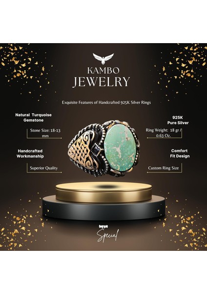 Erkek Yeşil Turkuaz Taş Yüzük, 925 Ayar Gümüş ile Vintage Orta Doğu Tasarımı fiyatları