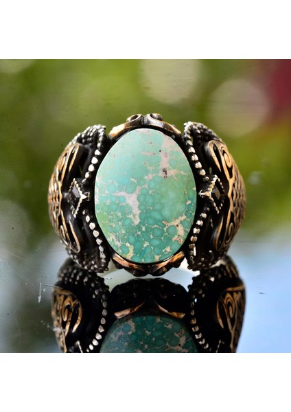 Erkek Yeşil Turkuaz Taş Yüzük, 925 Ayar Gümüş ile Vintage Orta Doğu Tasarımı modelleri